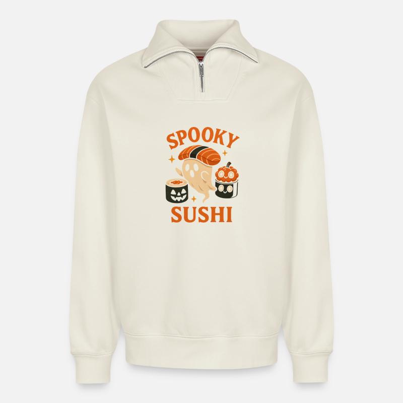Fantômes de sushis effrayants - Sweat unisexe décontracté en coton biologique à demi-zip – de SPREAD - blanc cassé