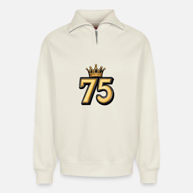 75 Zahl Krone - Relaxed Unisex Organic Half Zip Sweatshirt – von SPREAD - Naturweiß
