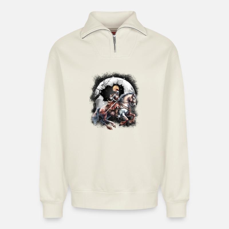 Chevalier Médiéval Cheval d’Enfants - Sweat unisexe décontracté en coton biologique à demi-zip – de SPREAD - blanc cassé