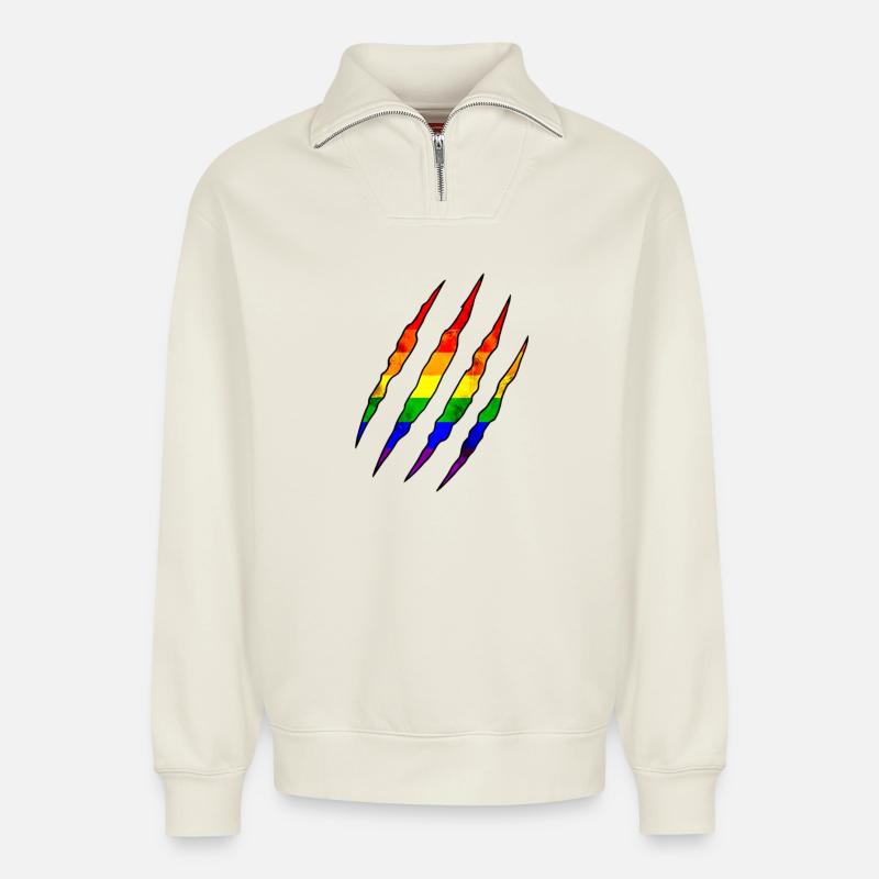 Pride Kralle Regenbogen Statement Kratzspur - Relaxed Unisex Organic Half Zip Sweatshirt – von SPREAD - Naturweiß