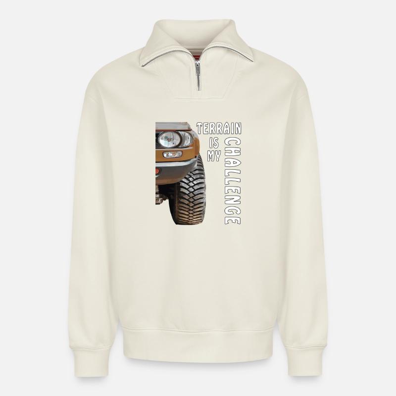 AUTO TERRAIN IS MY CHALLENGE - Relaxed Unisex Organic Half Zip Sweatshirt – by SPREAD - off white