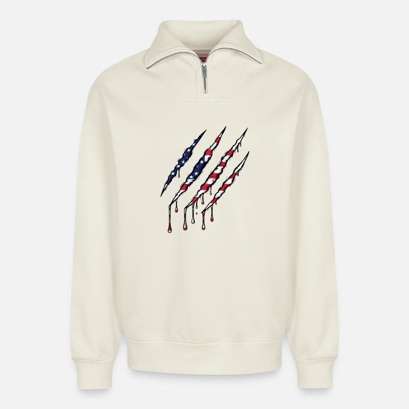 Scratch USA Flag Scratch Trace - Sweat unisexe décontracté en coton biologique à demi-zip – de SPREAD - blanc cassé