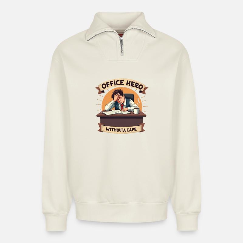 Humour de bureau - Sweat unisexe décontracté en coton biologique à demi-zip – de SPREAD - blanc cassé