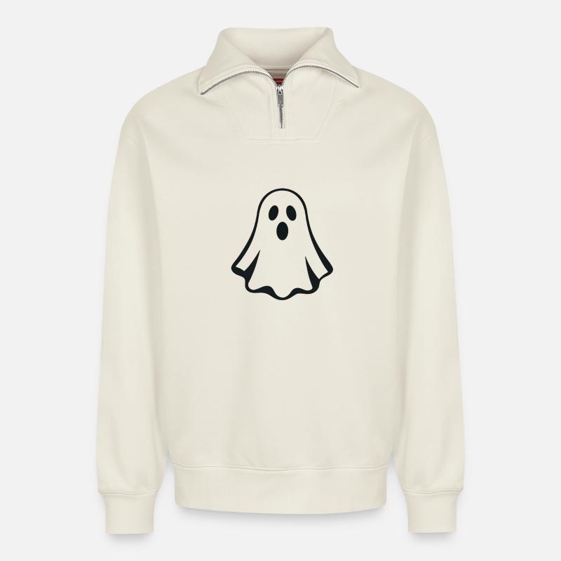 Fantôme - Halloween - Maison Hantée - Sweat unisexe décontracté en coton biologique à demi-zip – de SPREAD - blanc cassé