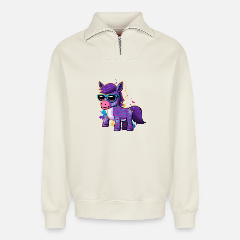Reiterin Pony Farbenfrohes Pferd - Relaxed Unisex Organic Half Zip Sweatshirt – von SPREAD - Naturweiß