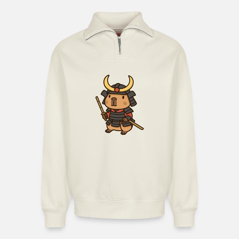Samurai Capybara – Brave & Serene ⚔️🦫 - Relaxed Unisex Organic Half Zip Sweatshirt – by SPREAD - off white