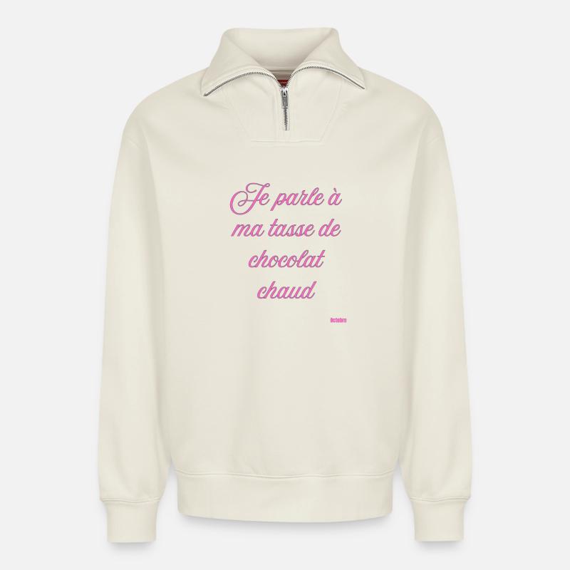 Pink Script Becher mit heißer Schokolade - Relaxed Unisex Organic Half Zip Sweatshirt – von SPREAD - Naturweiß