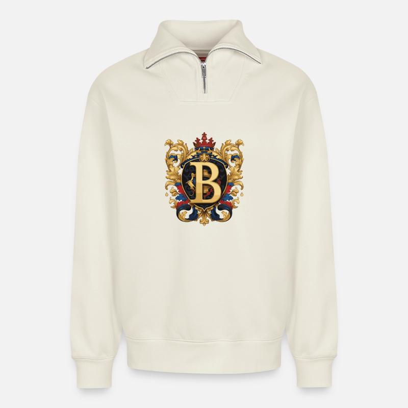 B Buchstabe Name Krone - Relaxed Unisex Organic Half Zip Sweatshirt – von SPREAD - Naturweiß