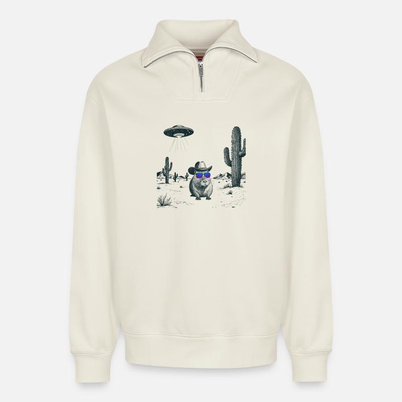 Capybara du désert - Sweat unisexe décontracté en coton biologique à demi-zip – de SPREAD - blanc cassé