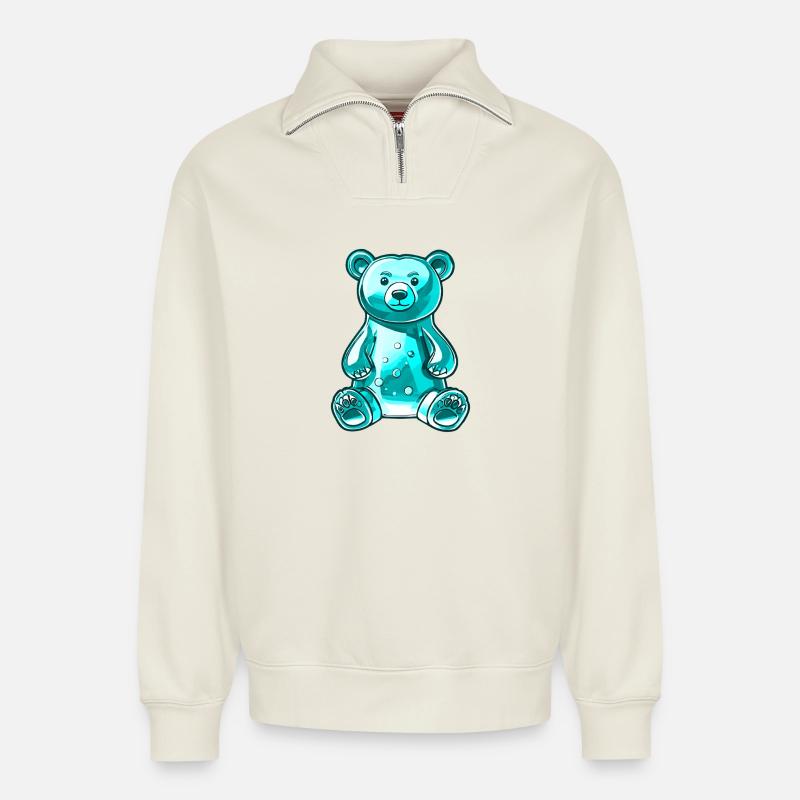 Ourson gommeux Turquoise - Sweat unisexe décontracté en coton biologique à demi-zip – de SPREAD - blanc cassé