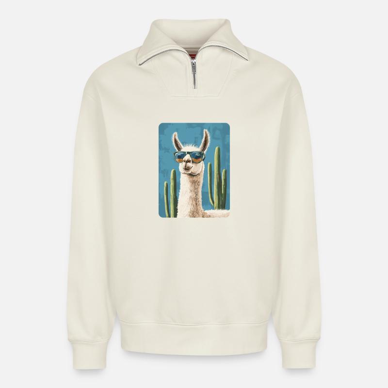 lama - Relaxed Unisex Organic Half Zip Sweatshirt – by SPREAD - off white