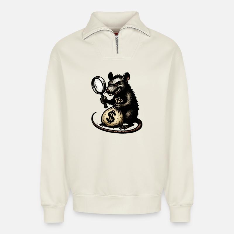 Ratte mit Lupe und Geldsack - Relaxed Unisex Organic Half Zip Sweatshirt – von SPREAD - Naturweiß