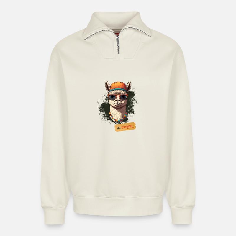 No Drama Llama  - Relaxed Unisex Organic Half Zip Sweatshirt – von SPREAD - Naturweiß
