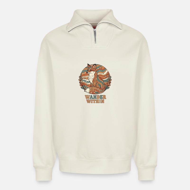 Psychedelisch Retro – Wander Within - Relaxed Unisex Organic Half Zip Sweatshirt – von SPREAD - Naturweiß