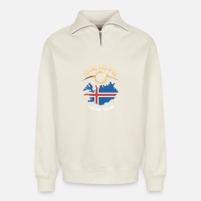 Total Solar Eclipse Iceland 2026 - Relaxed Unisex Organic Half Zip Sweatshirt – by SPREAD - off white