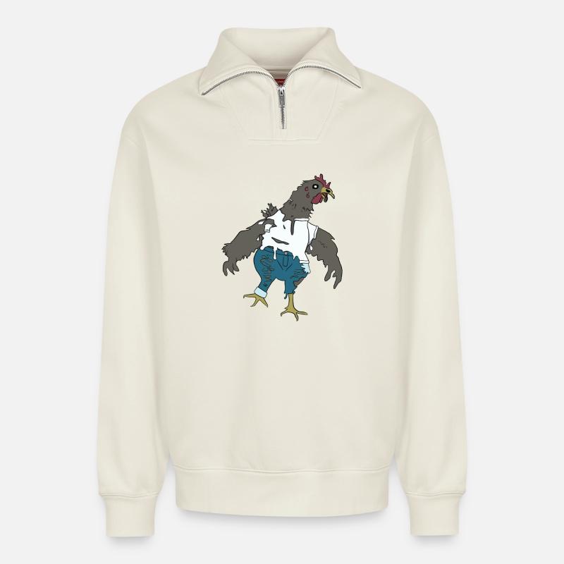 Poulet zombie - Sweat unisexe décontracté en coton biologique à demi-zip – de SPREAD - blanc cassé