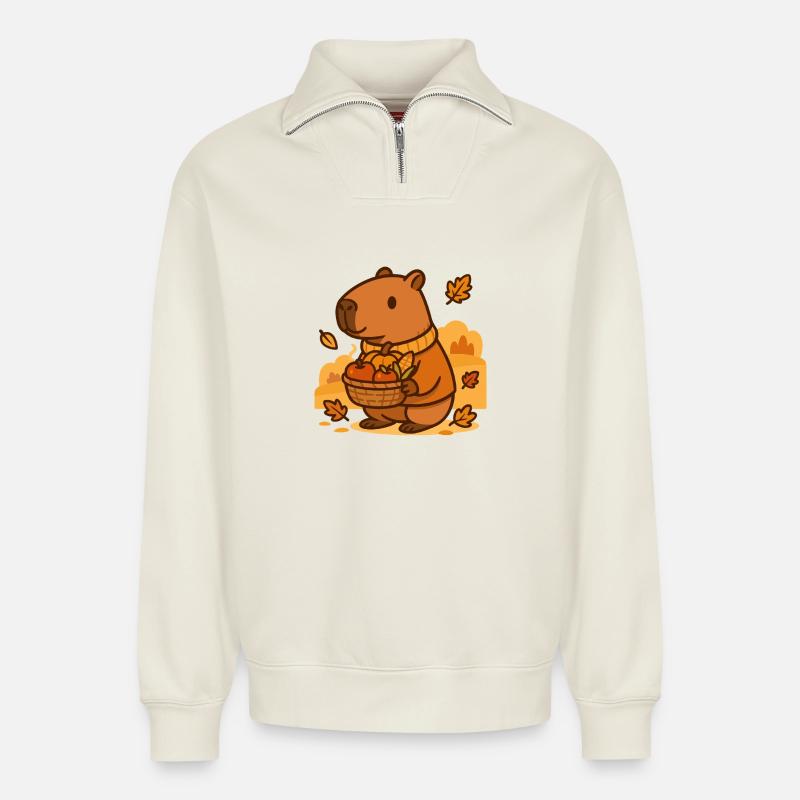 Capybara Harvest – Herbstliche Gemütlichkeit - Relaxed Unisex Organic Half Zip Sweatshirt – von SPREAD - Naturweiß