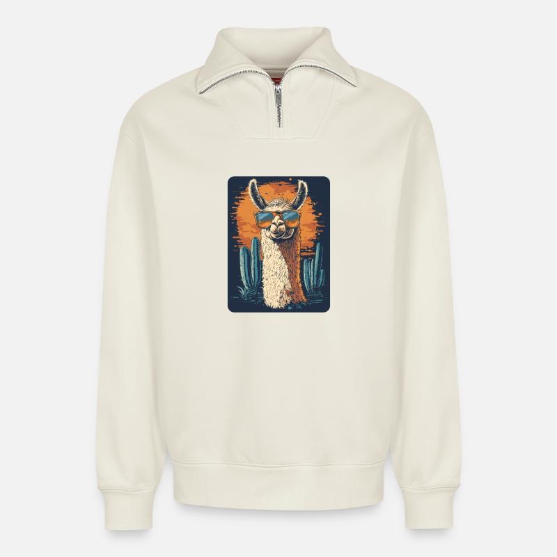 lama - Sweat unisexe décontracté en coton biologique à demi-zip – de SPREAD - blanc cassé