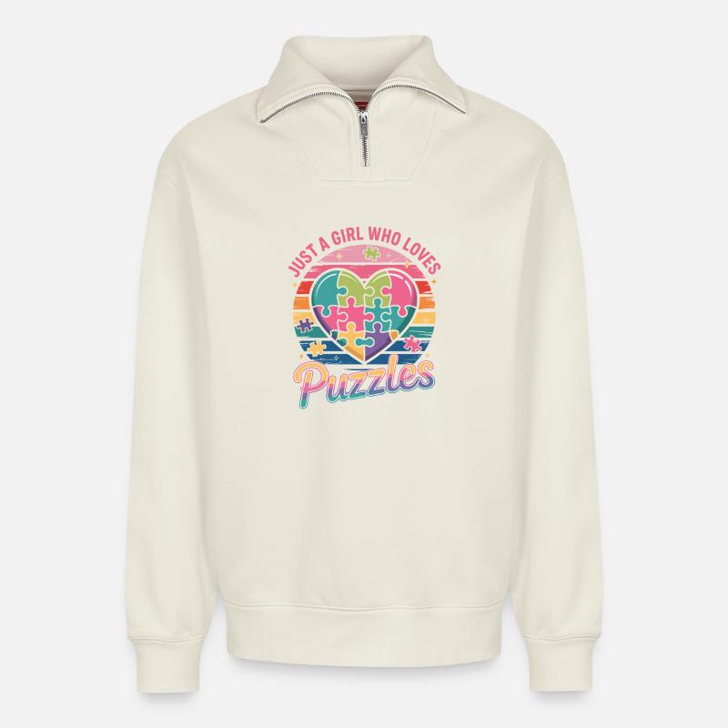Mädchen liebt Puzzles Herz Regenbogen - Relaxed Unisex Organic Half Zip Sweatshirt – von SPREAD - Naturweiß