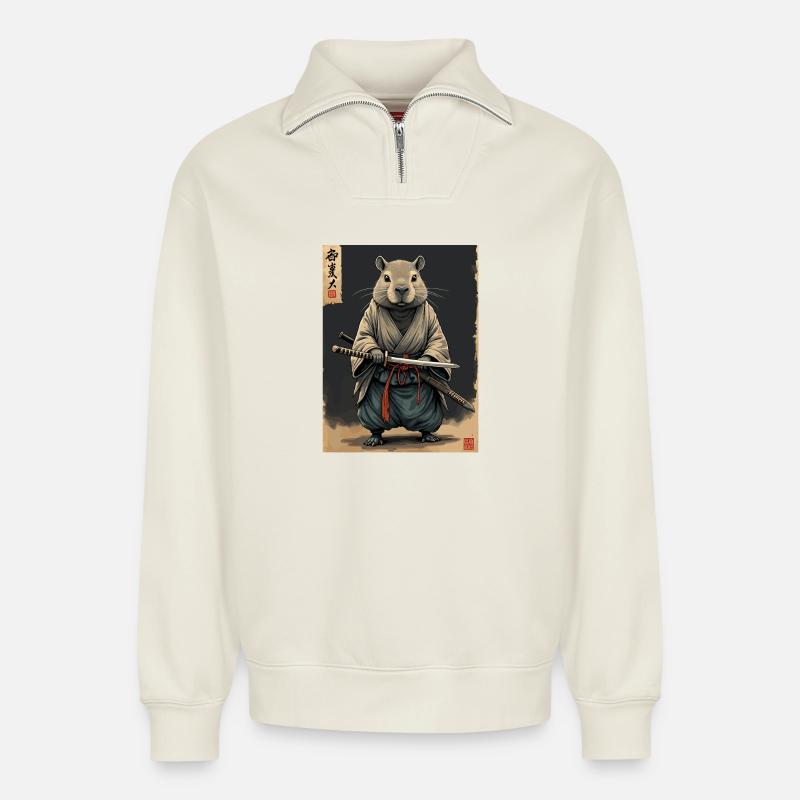 Cappibara-Samurai mit Katana - Relaxed Unisex Organic Half Zip Sweatshirt – von SPREAD - Naturweiß