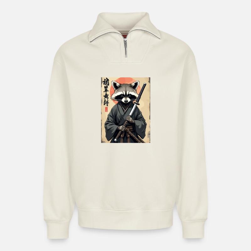 Waschbär Samurai im Kimono - Relaxed Unisex Organic Half Zip Sweatshirt – von SPREAD - Naturweiß