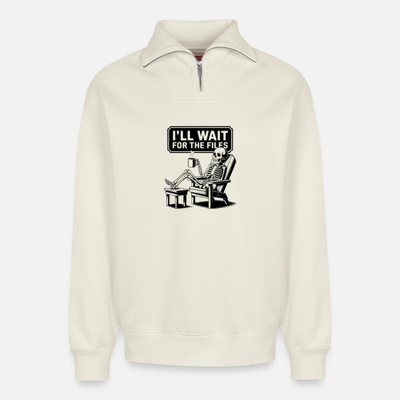 Waiting Skeleton Meme Project Manager Office - Relaxed Unisex Organic Half Zip Sweatshirt – von SPREAD - Naturweiß