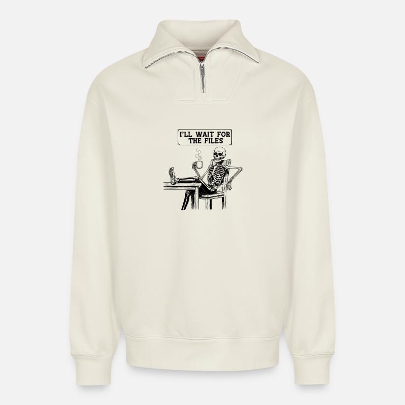 Waiting Skeleton Meme Project Manager Office - Relaxed Unisex Organic Half Zip Sweatshirt – von SPREAD - Naturweiß