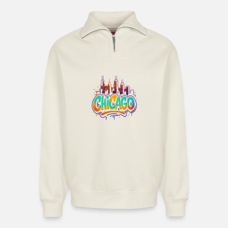 Chicago Graffiti Skyline - Relaxed Unisex Organic Half Zip Sweatshirt – von SPREAD - Naturweiß