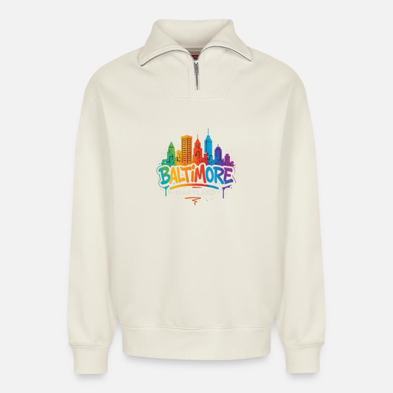 Baltimore Skyline Graffiti - Sweat unisexe décontracté en coton biologique à demi-zip – de SPREAD - blanc cassé