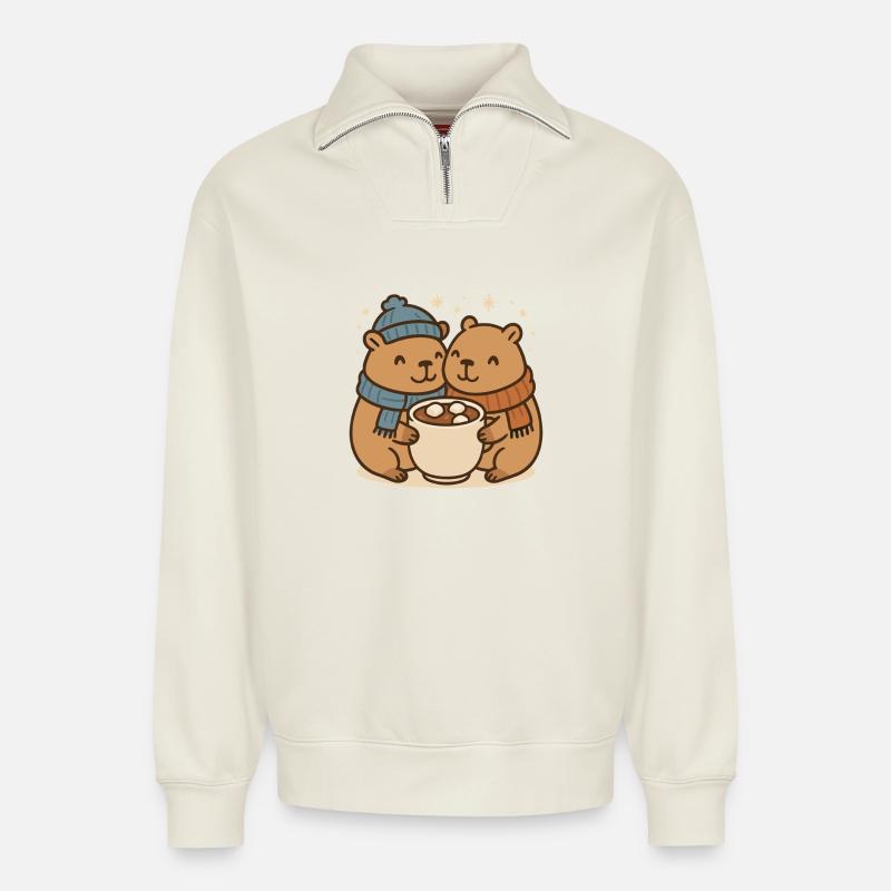 Capybara Pärchen mit heißer Schokolade - Relaxed Unisex Organic Half Zip Sweatshirt – von SPREAD - Naturweiß
