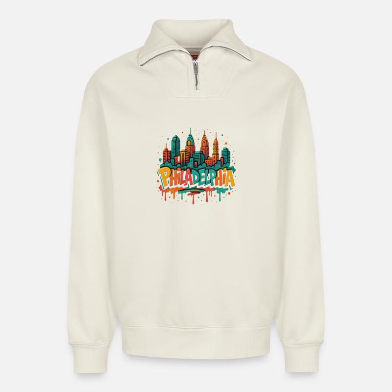 Philly Graffiti Skyline - Relaxed Unisex Organic Half Zip Sweatshirt – by SPREAD - off white