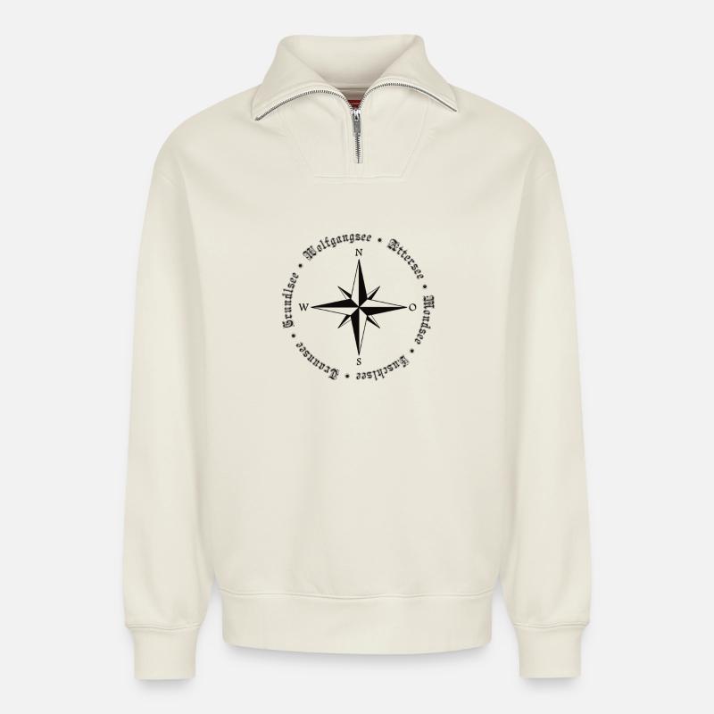 Salzkammergut Kompass 6 Seen Design - Relaxed Unisex Organic Half Zip Sweatshirt – von SPREAD - Naturweiß