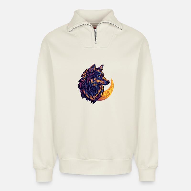 Lune du loup - Sweat unisexe décontracté en coton biologique à demi-zip – de SPREAD - blanc cassé