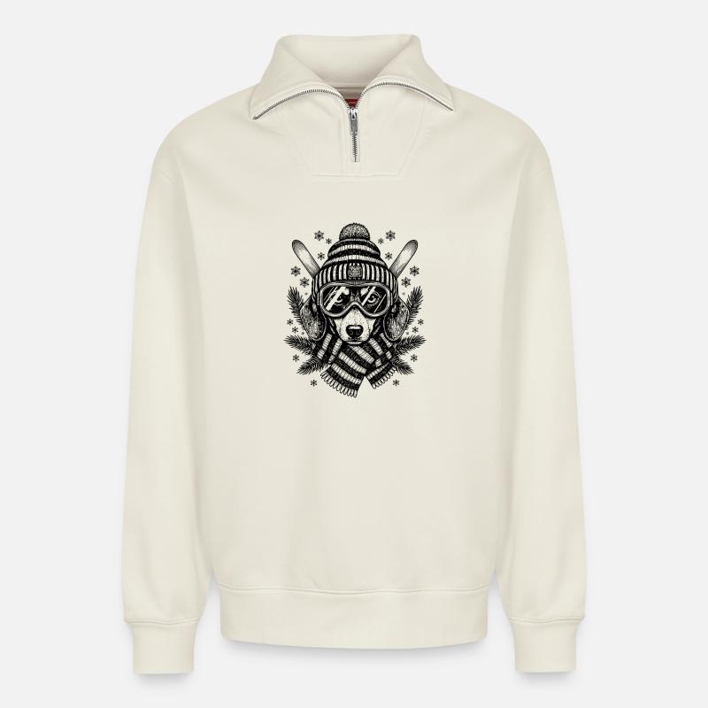 Ski teckel chien ski - Sweat unisexe décontracté en coton biologique à demi-zip – de SPREAD - blanc cassé