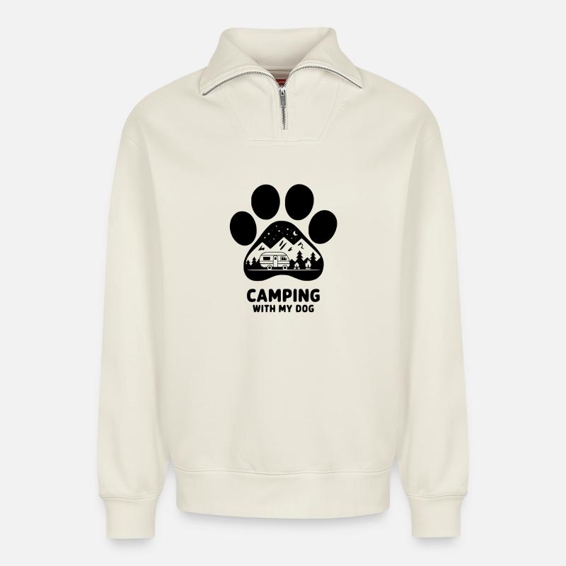 Camping avec mon chien campeur - Sweat unisexe décontracté en coton biologique à demi-zip – de SPREAD - blanc cassé