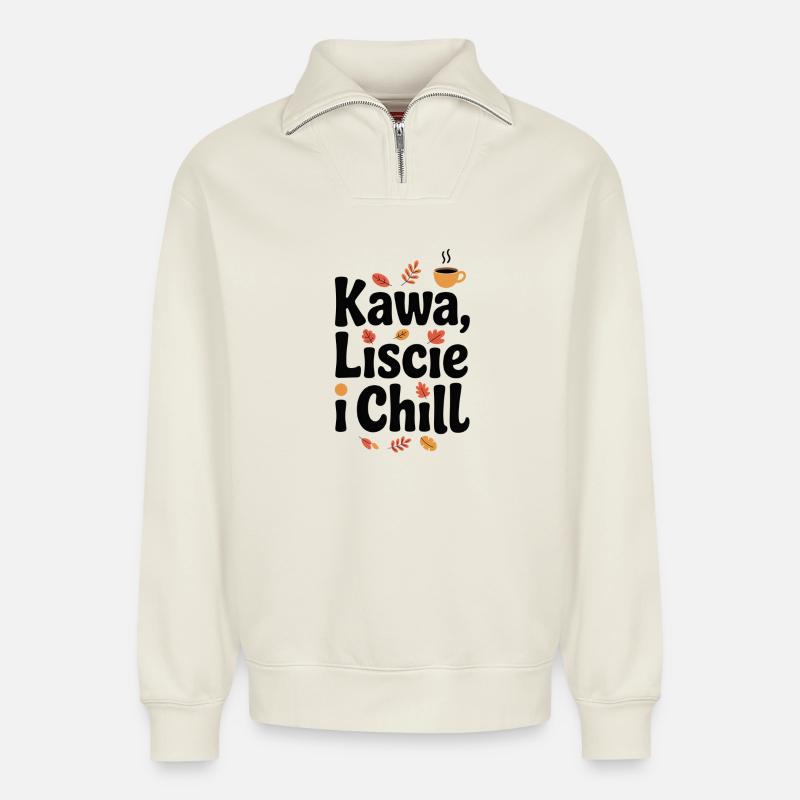 Kaffee, Blätter & Chill - Relaxed Unisex Organic Half Zip Sweatshirt – von SPREAD - Naturweiß