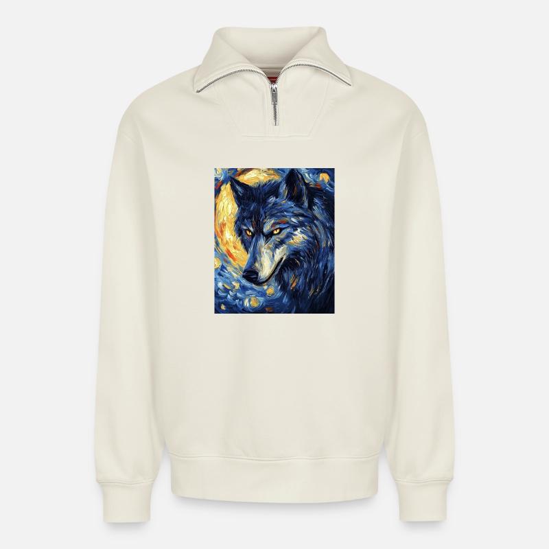 Wolf Van Gogh Style - Relaxed Unisex Organic Half Zip Sweatshirt – von SPREAD - Naturweiß