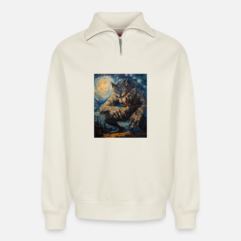 Werwolf Wolf Van Gogh Style - Relaxed Unisex Organic Half Zip Sweatshirt – von SPREAD - Naturweiß