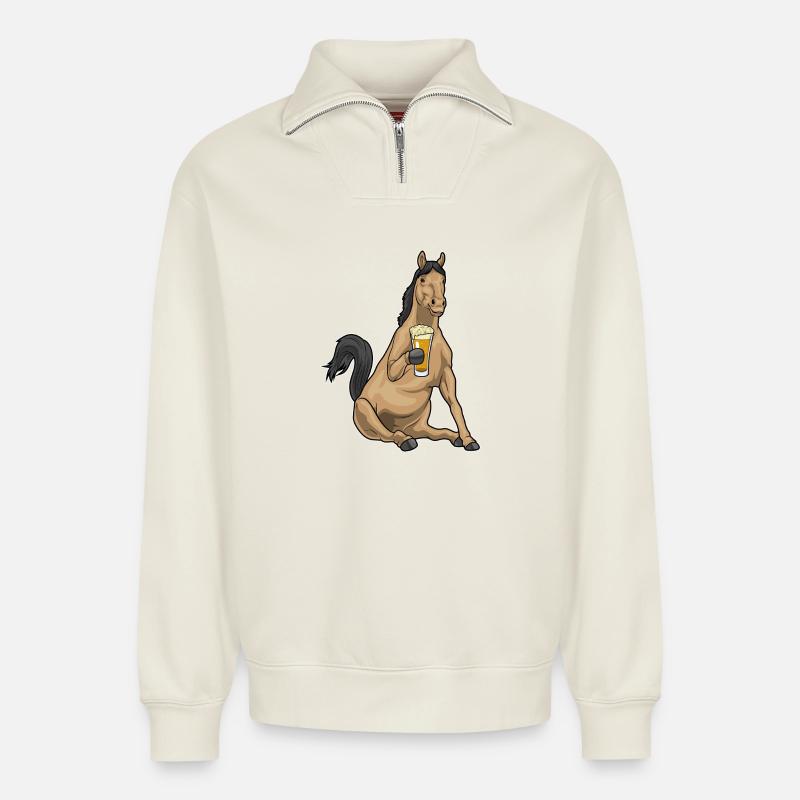 Pferd Bier - Relaxed Unisex Organic Half Zip Sweatshirt – von SPREAD - Naturweiß