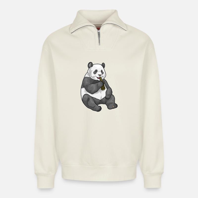 Panda Bier - Relaxed Unisex Organic Half Zip Sweatshirt – von SPREAD - Naturweiß