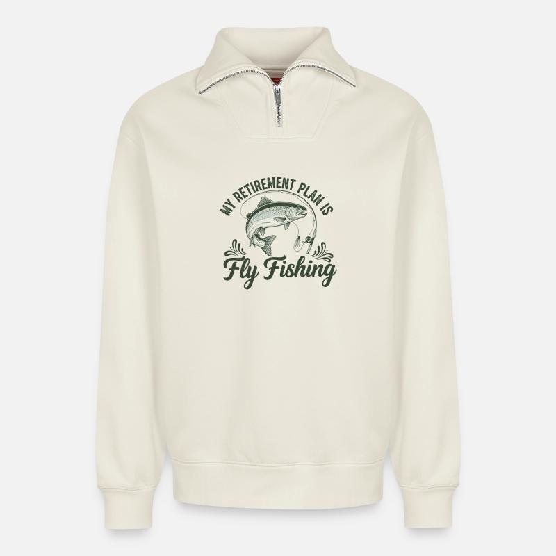 Ruhestand Plan: Fliegenfischen - Relaxed Unisex Organic Half Zip Sweatshirt – von SPREAD - Naturweiß