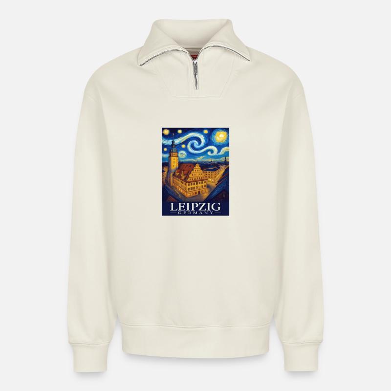 Leipzig - Sweat unisexe décontracté en coton biologique à demi-zip – de SPREAD - blanc cassé