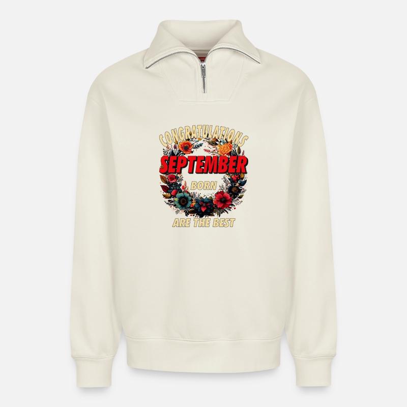 CONGRATULATIONS SEPTEMBER - Relaxed Unisex Organic Half Zip Sweatshirt – by SPREAD - off white