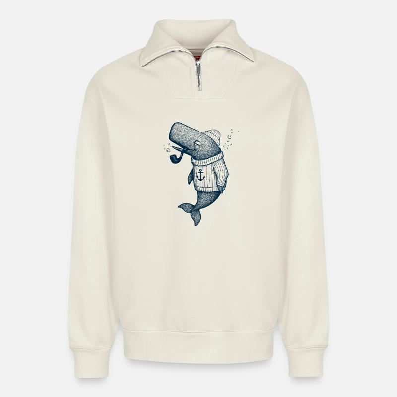 Whale Captain - Relaxed Unisex Organic Half Zip Sweatshirt – by SPREAD - off white