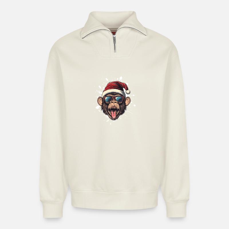 Singe Noël Drôle - Sweat unisexe décontracté en coton biologique à demi-zip – de SPREAD - blanc cassé