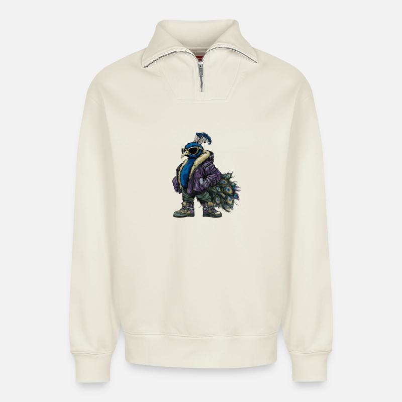 Pfau Vogel Cool Winter - Relaxed Unisex Organic Half Zip Sweatshirt – von SPREAD - Naturweiß