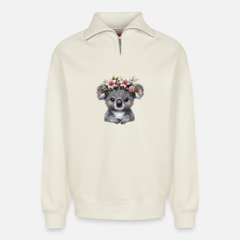 Koala mit Blütenkrone Illustration - Relaxed Unisex Organic Half Zip Sweatshirt – von SPREAD - Naturweiß