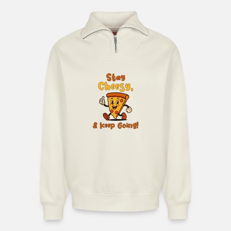 Stay Cheesy & Keep Going - Relaxed Unisex Organic Half Zip Sweatshirt – by SPREAD - off white