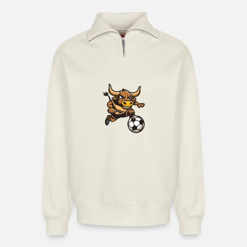 Stier Fußballheld im Sprint - Relaxed Unisex Organic Half Zip Sweatshirt – von SPREAD - Naturweiß
