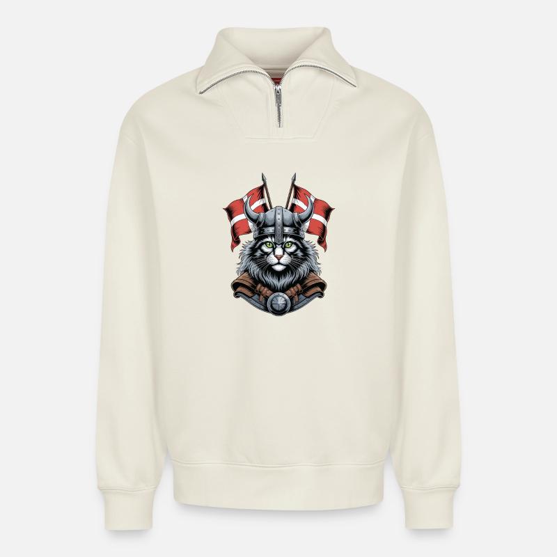 Wikingerkatze mit Helm - Relaxed Unisex Organic Half Zip Sweatshirt – von SPREAD - Naturweiß